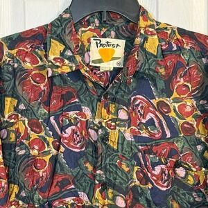 Vintage 90s Protest Silk Shirt M Abstract Floral Pattern Button Up Boho Festival